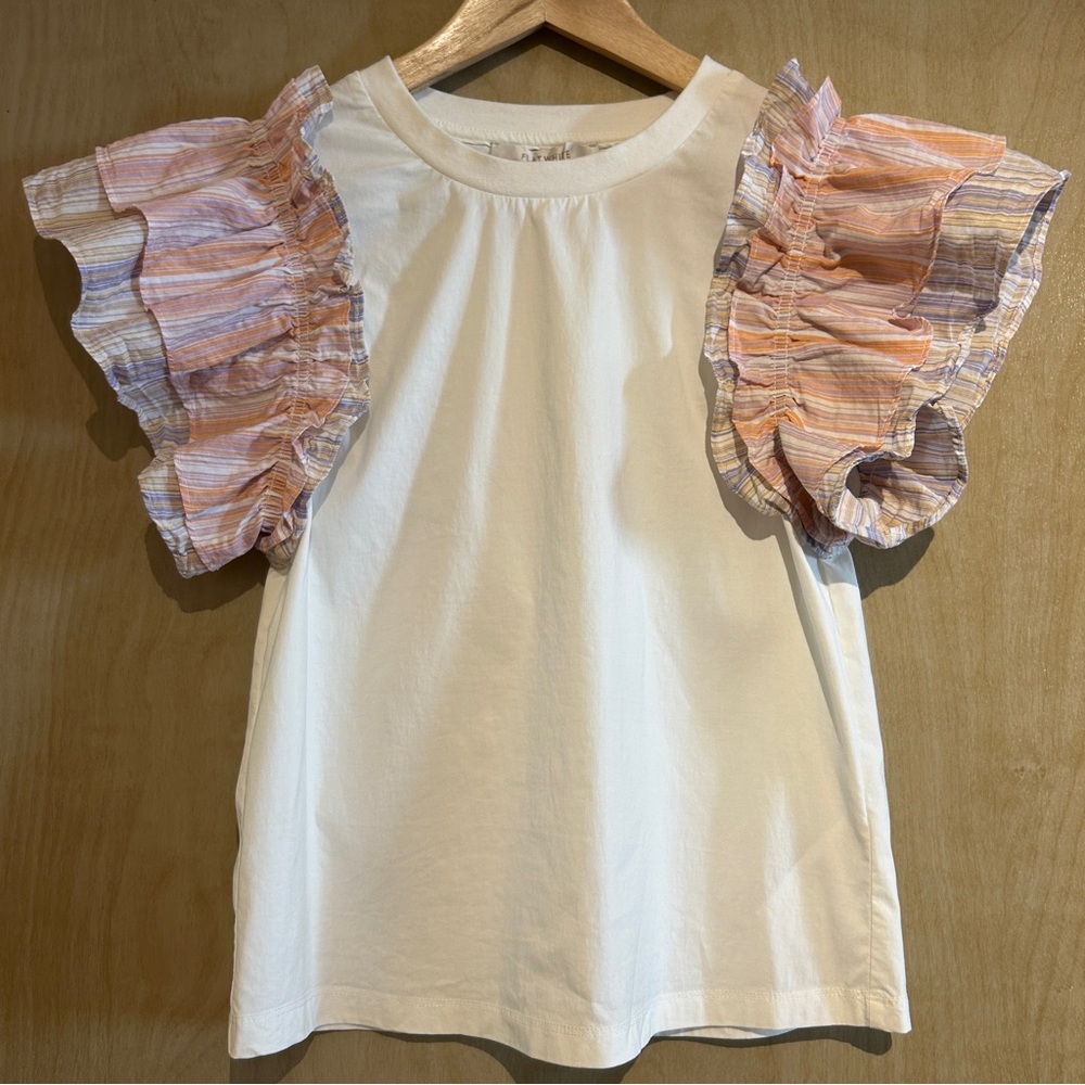 Flat White multi color ruffle sleeve white t-shirt in XS